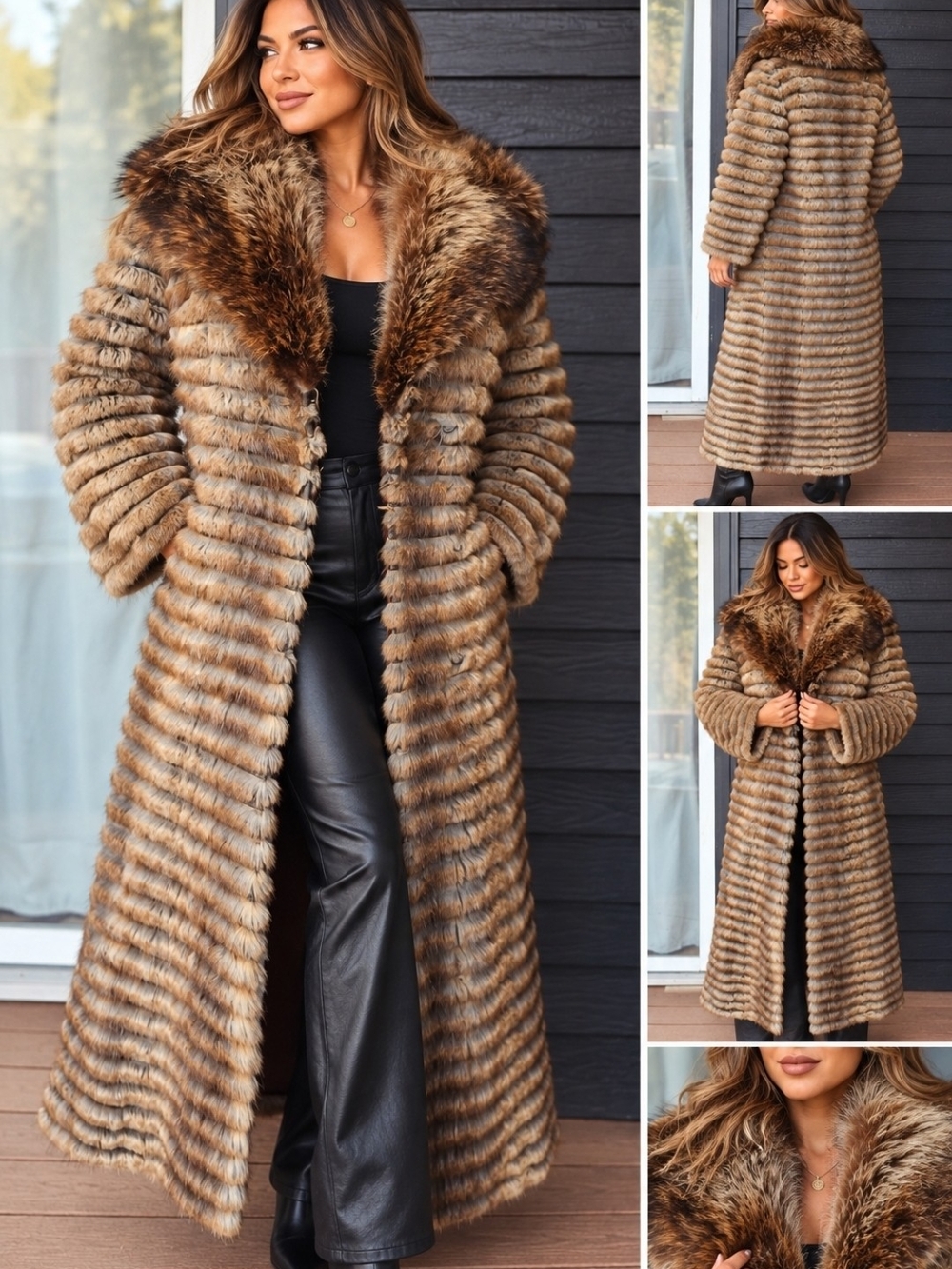 Daytona Luxurious Long Fur Coat in Brown - Women's Winter Coat Sz S
